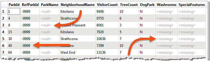 Missing and null values in the Visual Preview Table view